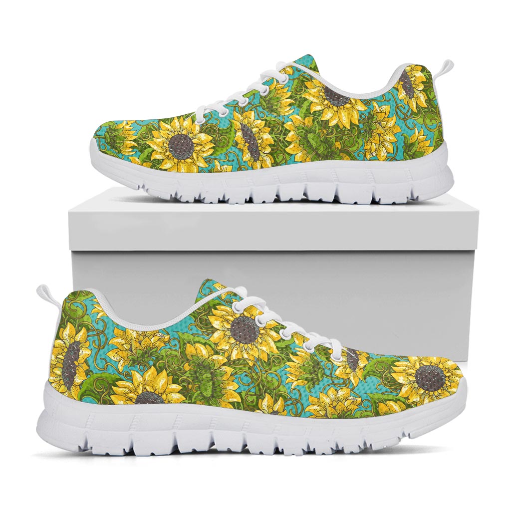 Blooming Sunflower Pattern Print White Running Shoes