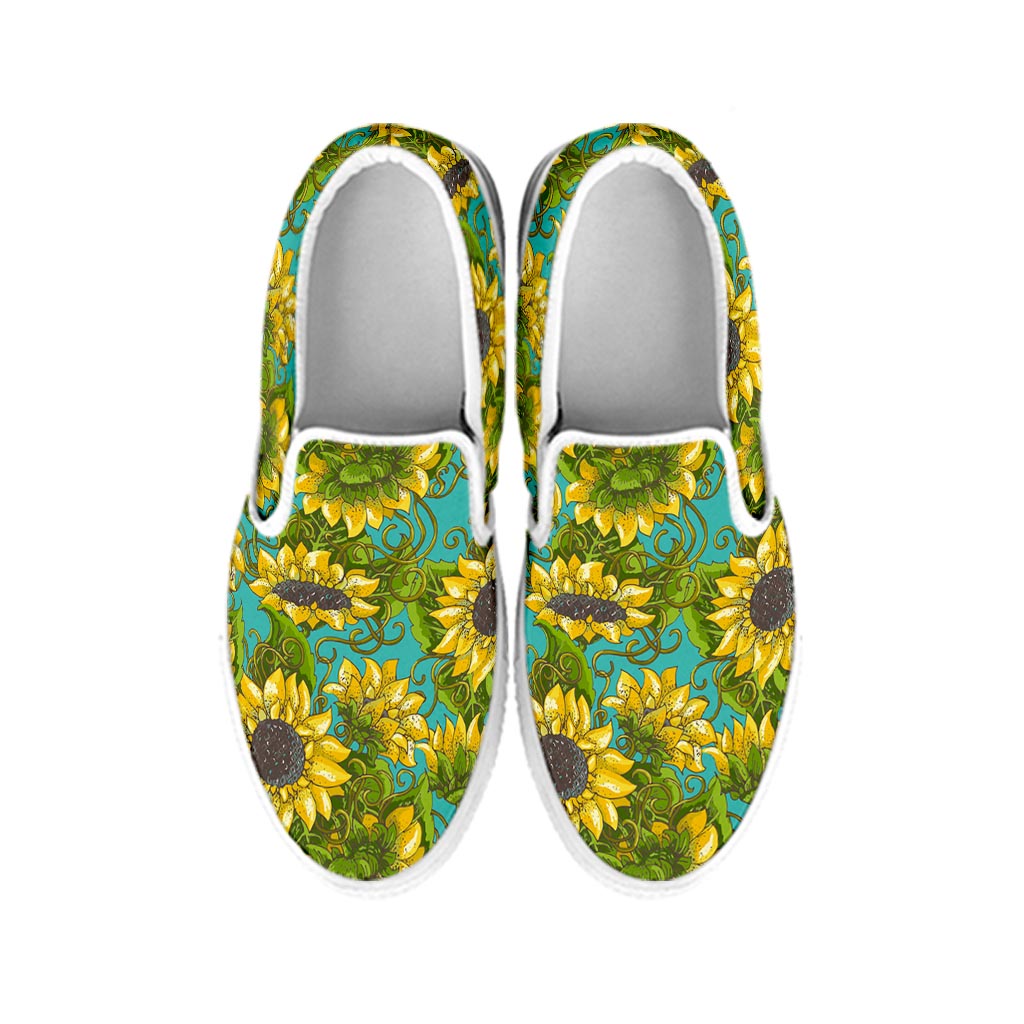 Blooming Sunflower Pattern Print White Slip On Sneakers