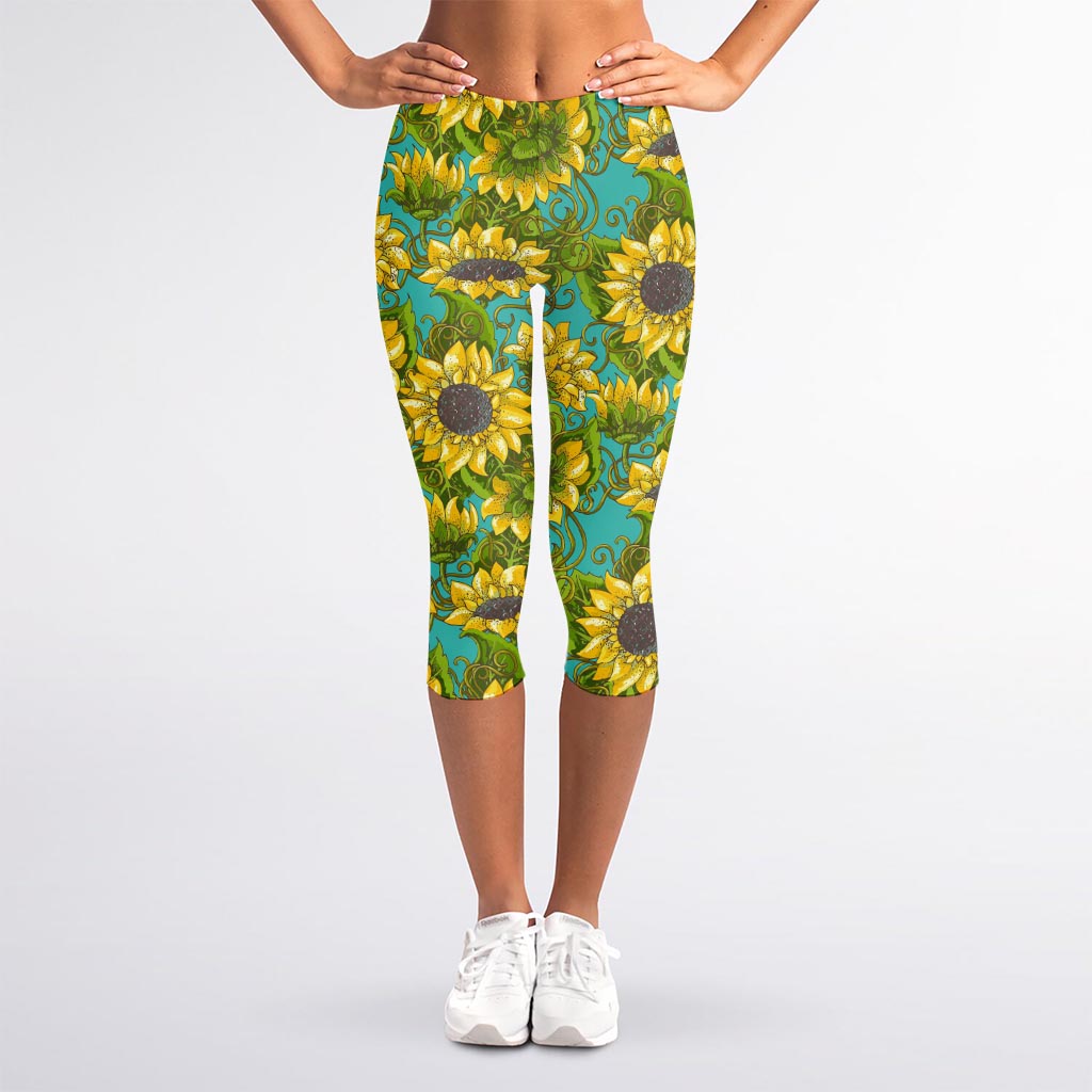 Blooming Sunflower Pattern Print Women's Capri Leggings