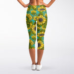 Blooming Sunflower Pattern Print Women's Capri Leggings