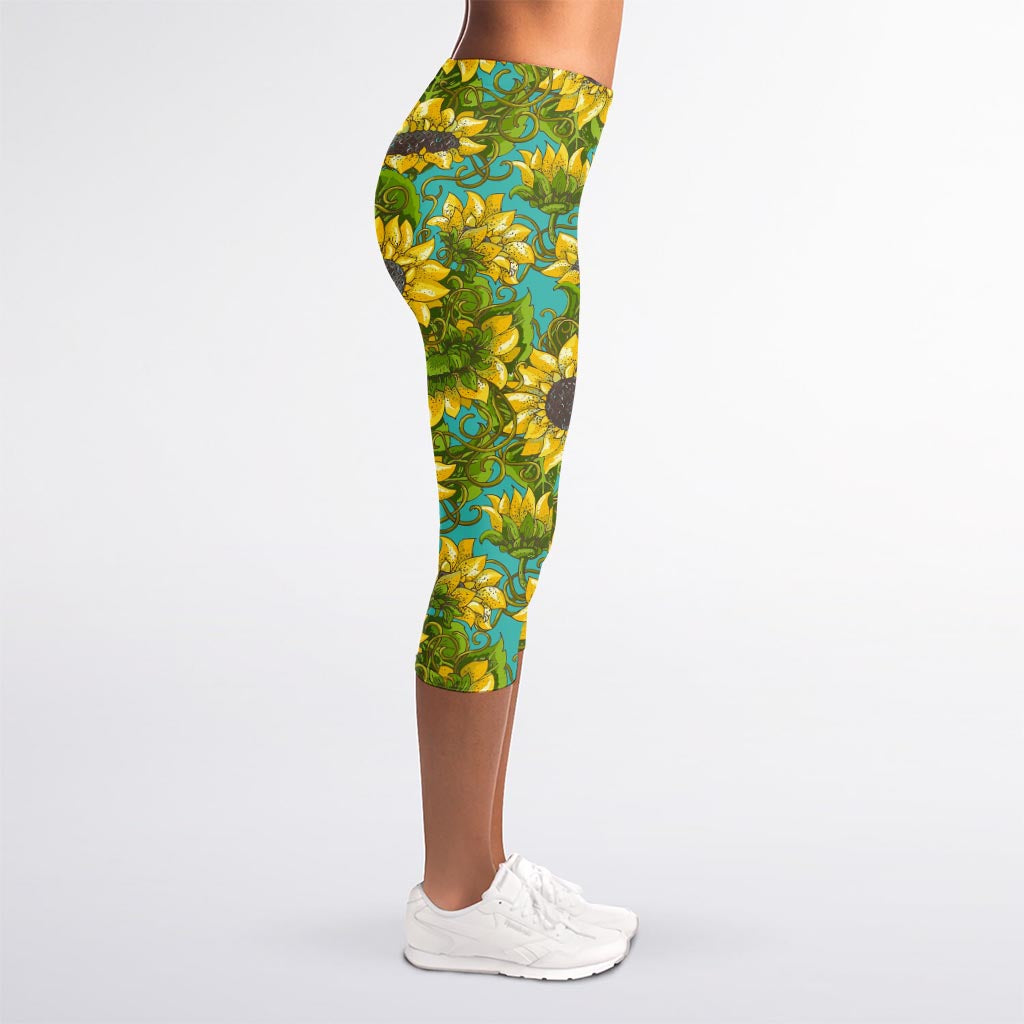 Blooming Sunflower Pattern Print Women's Capri Leggings