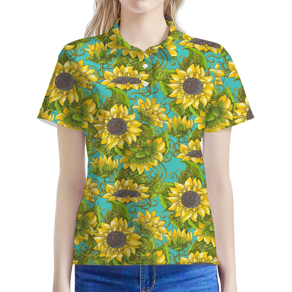 Blooming Sunflower Pattern Print Women's Polo Shirt