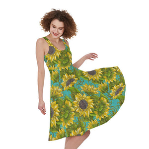 Blooming Sunflower Pattern Print Women's Sleeveless Dress