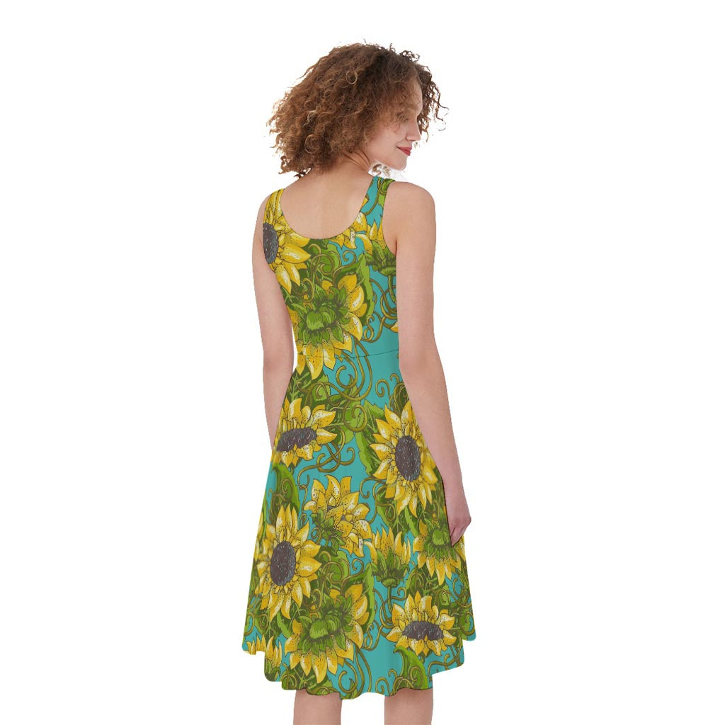 Blooming Sunflower Pattern Print Women's Sleeveless Dress
