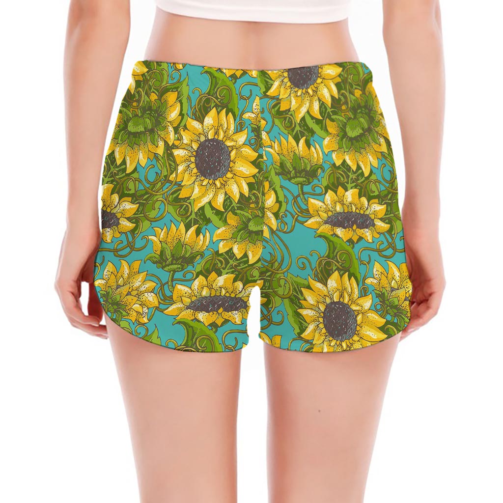 Blooming Sunflower Pattern Print Women's Split Running Shorts
