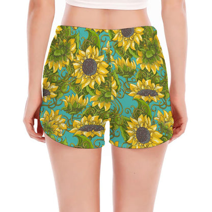 Blooming Sunflower Pattern Print Women's Split Running Shorts