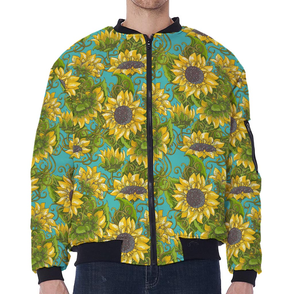 Blooming Sunflower Pattern Print Zip Sleeve Bomber Jacket