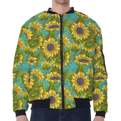 Blooming Sunflower Pattern Print Zip Sleeve Bomber Jacket