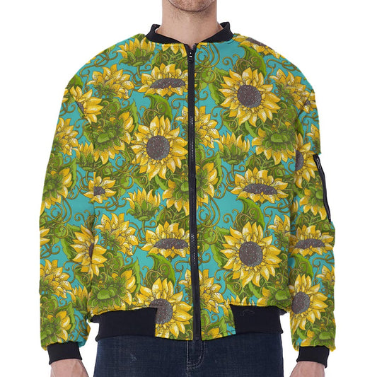 Blooming Sunflower Pattern Print Zip Sleeve Bomber Jacket