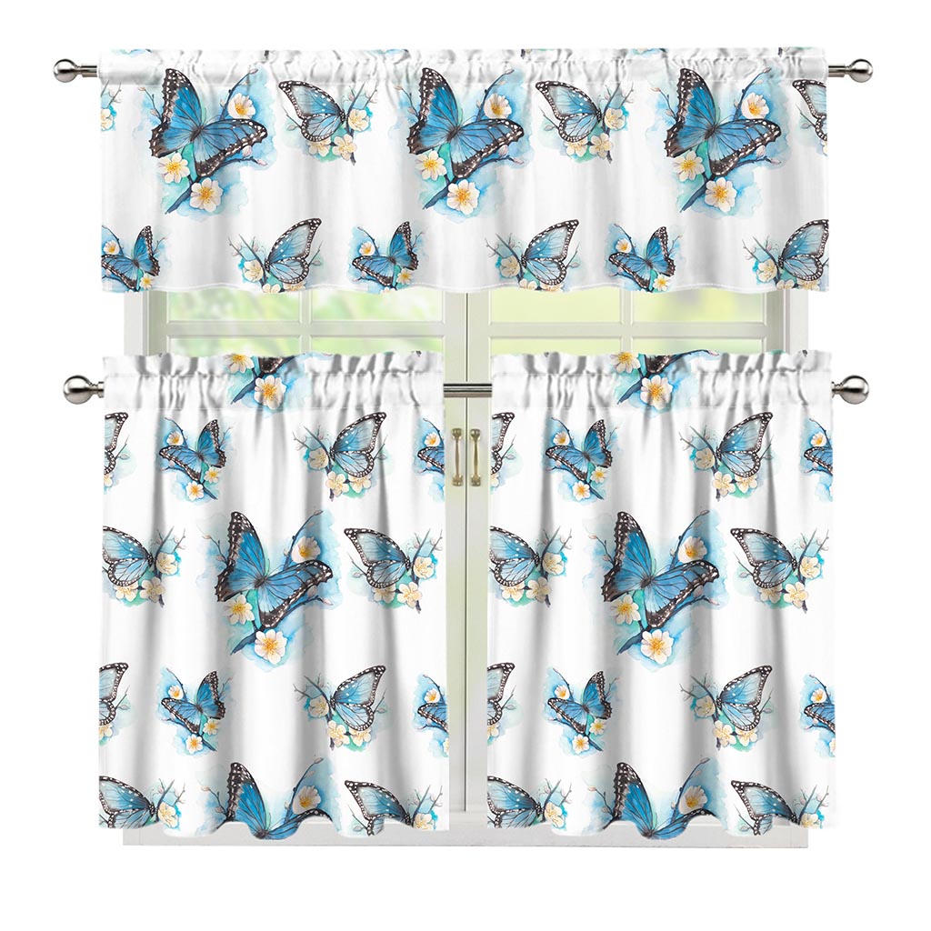 Blossom Blue Butterfly Pattern Print 3 Piece Kitchen Curtains