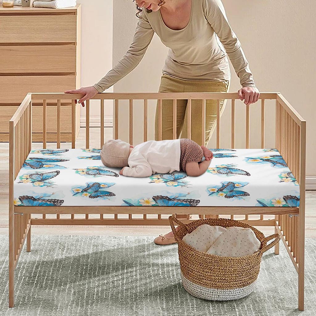 Blossom Blue Butterfly Pattern Print Baby Crib Sheet