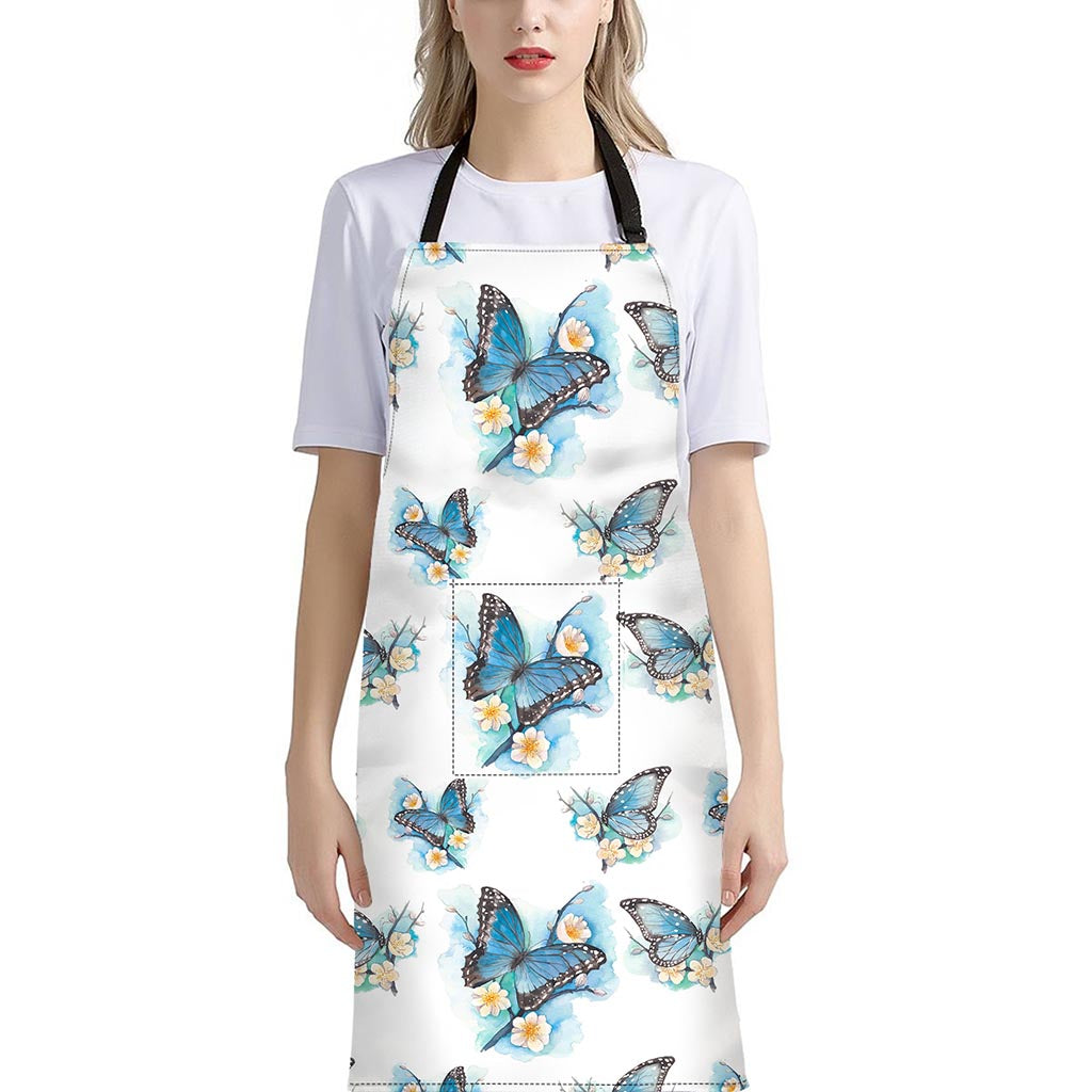 Blossom Blue Butterfly Pattern Print Bib Apron With Pocket