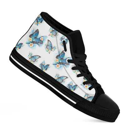 Blossom Blue Butterfly Pattern Print Black High Top Sneakers