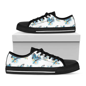 Blossom Blue Butterfly Pattern Print Black Low Top Sneakers