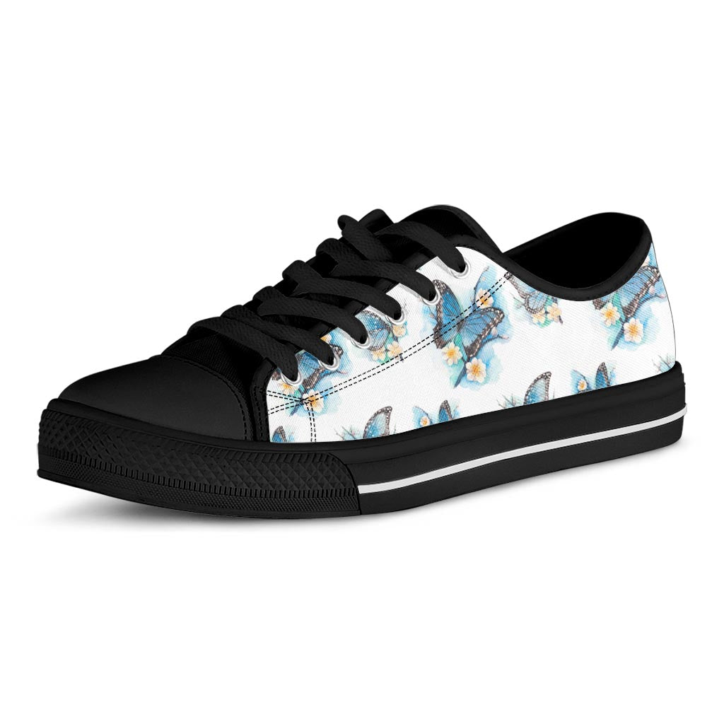 Blossom Blue Butterfly Pattern Print Black Low Top Sneakers