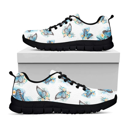 Blossom Blue Butterfly Pattern Print Black Running Shoes