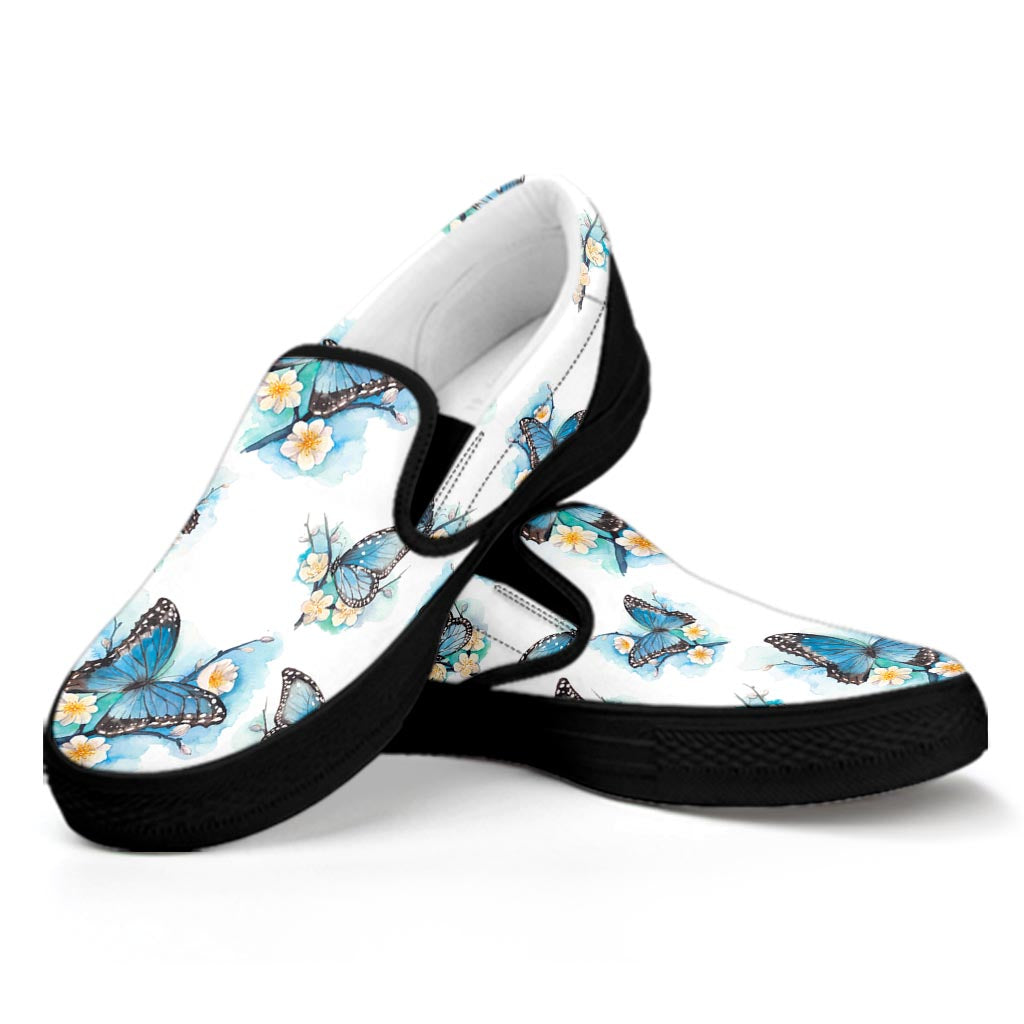 Blossom Blue Butterfly Pattern Print Black Slip On Sneakers