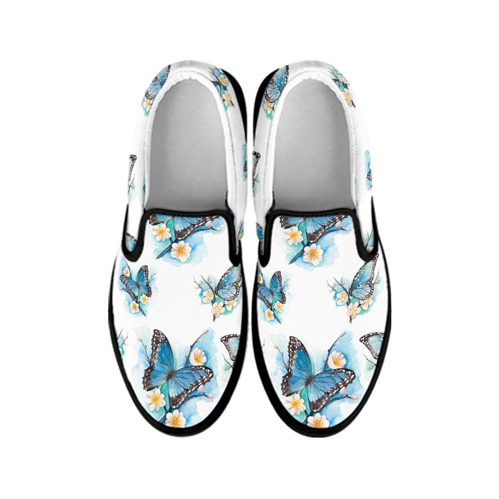 Blossom Blue Butterfly Pattern Print Black Slip On Sneakers