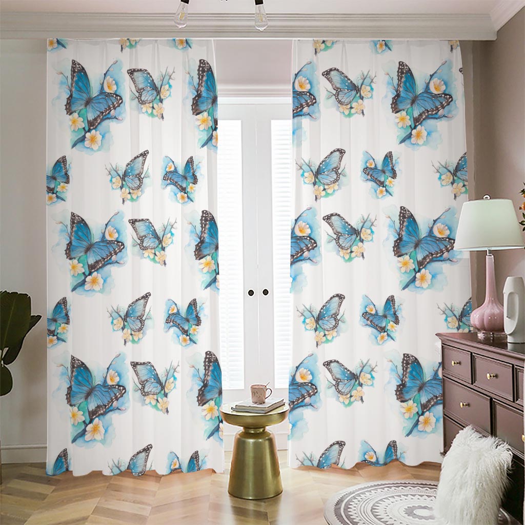 Blossom Blue Butterfly Pattern Print Blackout Pencil Pleat Curtains