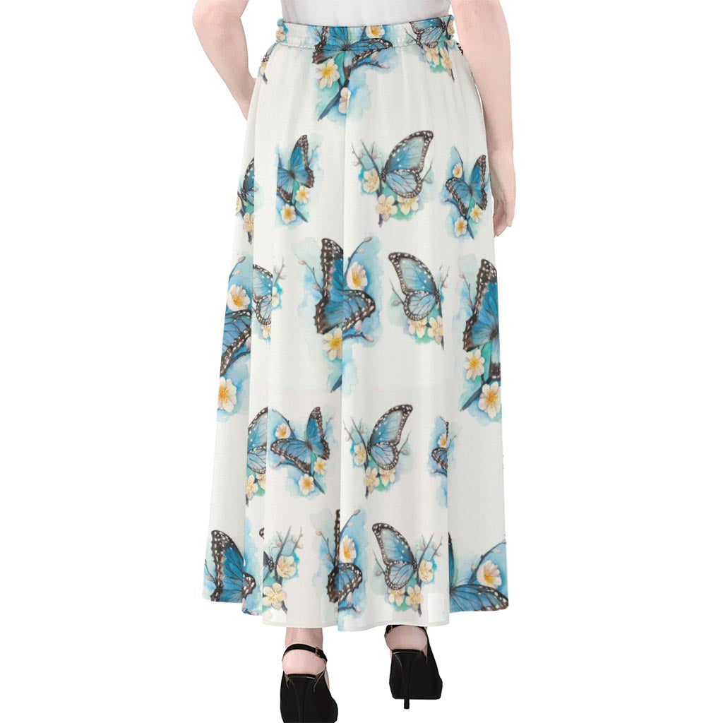 Blossom Blue Butterfly Pattern Print Chiffon Maxi Skirt