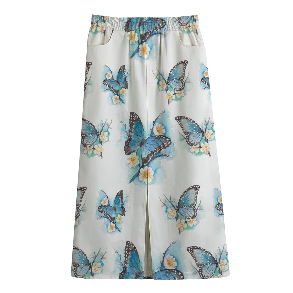 Blossom Blue Butterfly Pattern Print Cotton Front Slit Maxi Skirt