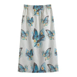 Blossom Blue Butterfly Pattern Print Cotton Front Slit Maxi Skirt