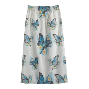 Blossom Blue Butterfly Pattern Print Cotton Front Slit Maxi Skirt