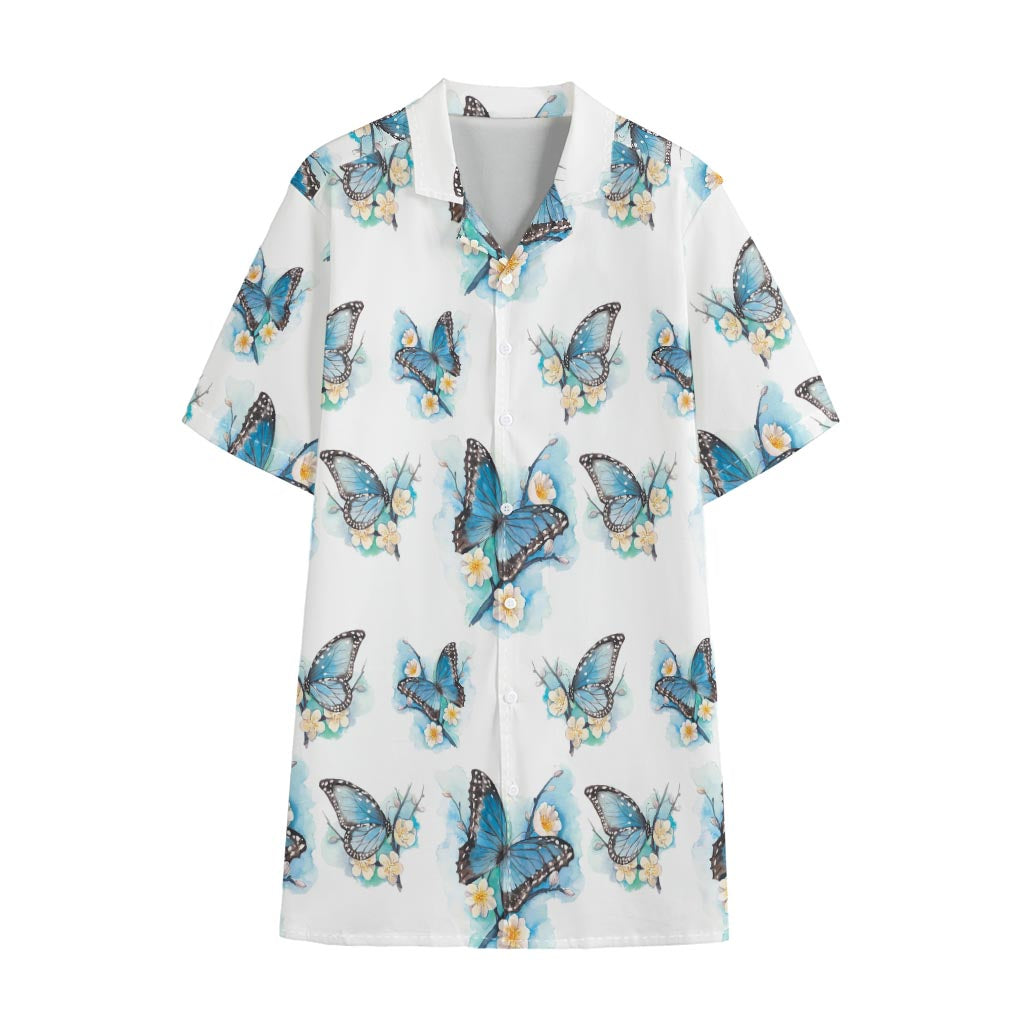 Blossom Blue Butterfly Pattern Print Cotton Hawaiian Shirt