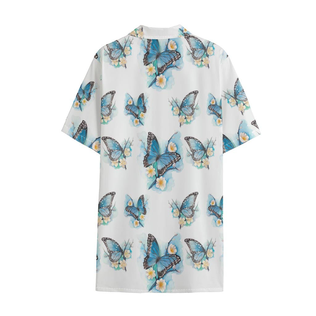Blossom Blue Butterfly Pattern Print Cotton Hawaiian Shirt