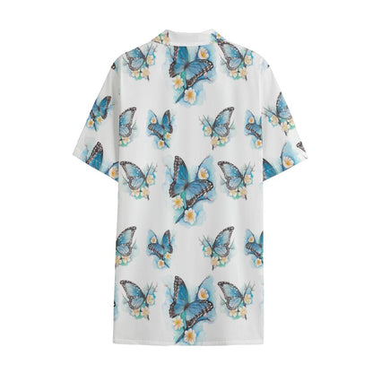 Blossom Blue Butterfly Pattern Print Cotton Hawaiian Shirt
