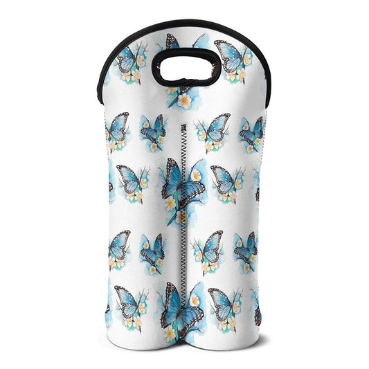 Blossom Blue Butterfly Pattern Print Double Neoprene Wine Tote