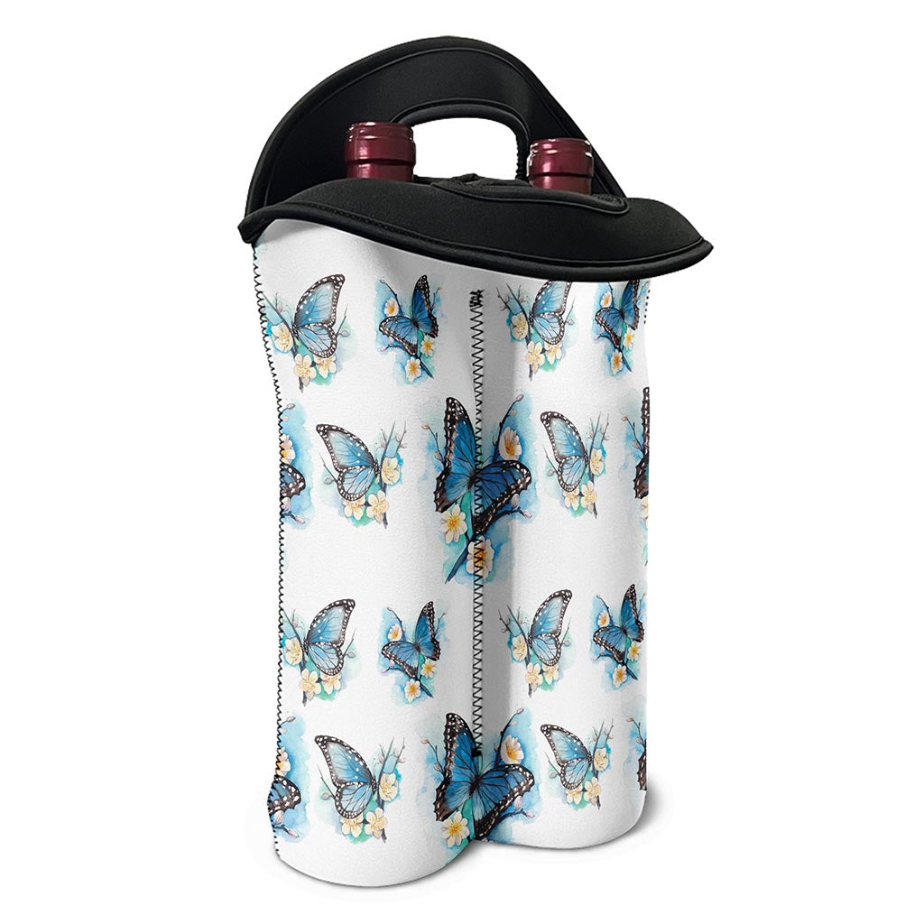 Blossom Blue Butterfly Pattern Print Double Neoprene Wine Tote