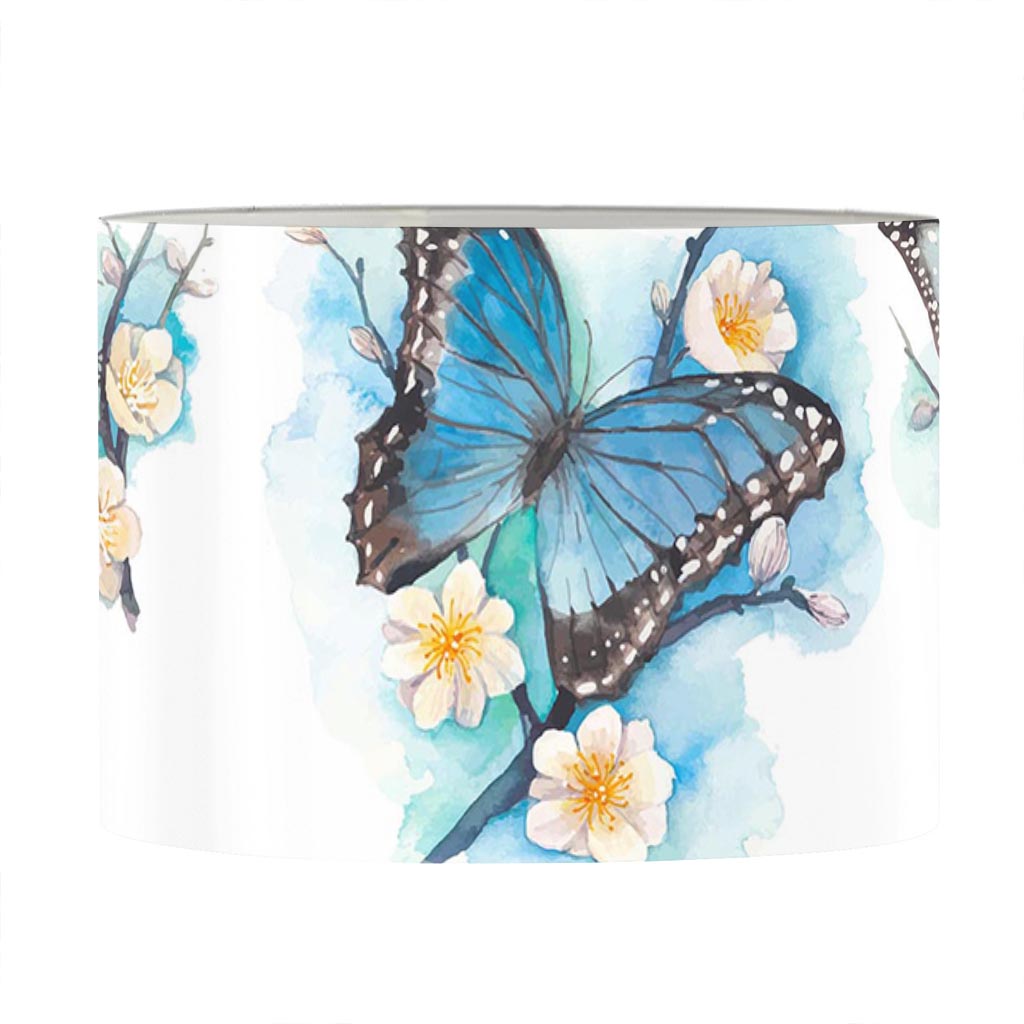 Blossom Blue Butterfly Pattern Print Drum Lamp Shade