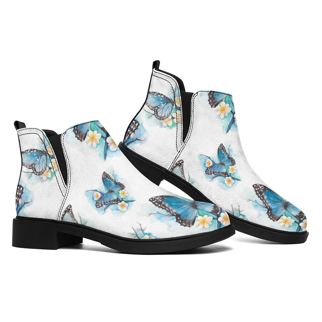 Blossom Blue Butterfly Pattern Print Flat Ankle Boots