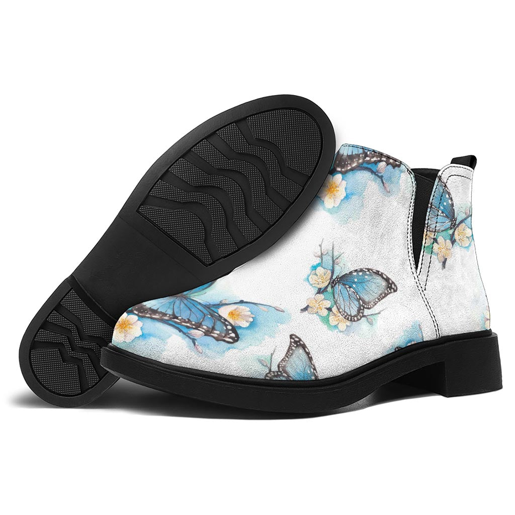 Blossom Blue Butterfly Pattern Print Flat Ankle Boots