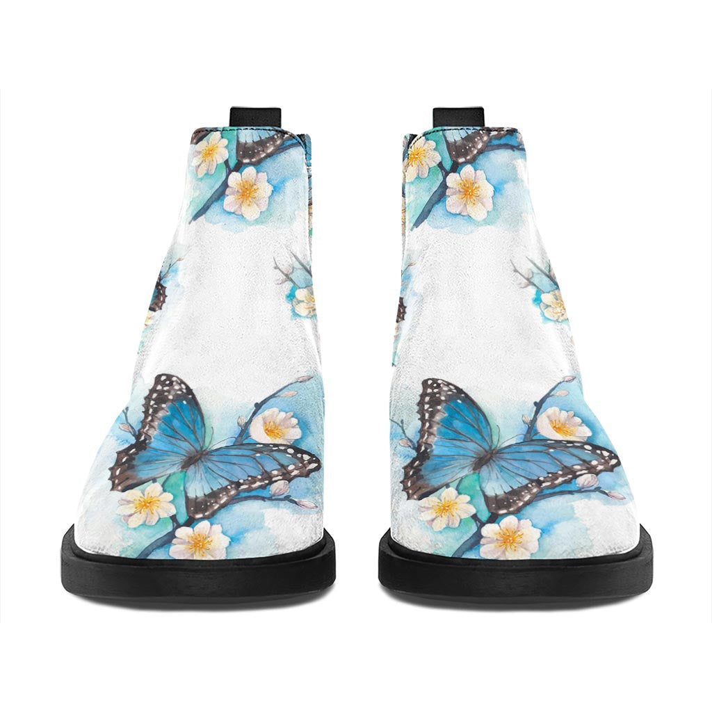 Blossom Blue Butterfly Pattern Print Flat Ankle Boots