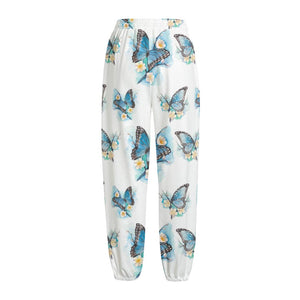 Blossom Blue Butterfly Pattern Print Fleece Lined Knit Pants