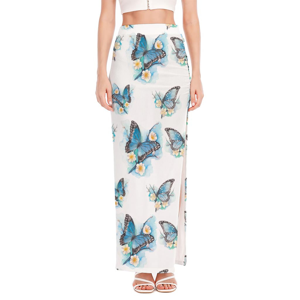 Blossom Blue Butterfly Pattern Print High Slit Maxi Skirt