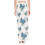 Blossom Blue Butterfly Pattern Print High Slit Maxi Skirt