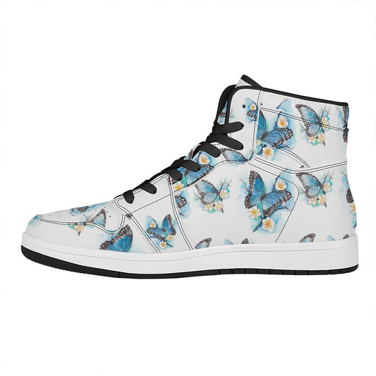 Blossom Blue Butterfly Pattern Print High Top Leather Sneakers