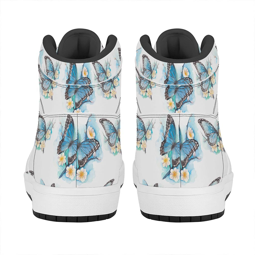 Blossom Blue Butterfly Pattern Print High Top Leather Sneakers