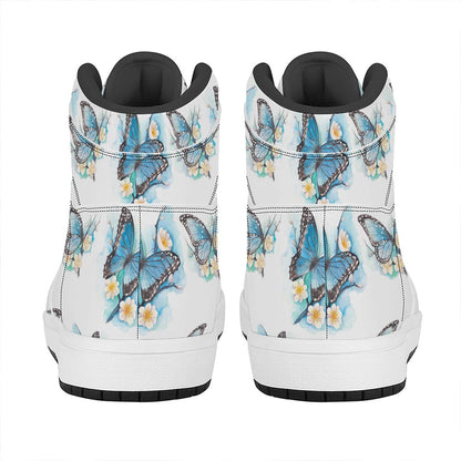 Blossom Blue Butterfly Pattern Print High Top Leather Sneakers