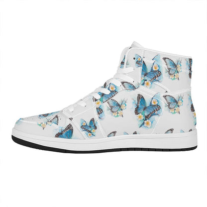 Blossom Blue Butterfly Pattern Print High Top Leather Sneakers