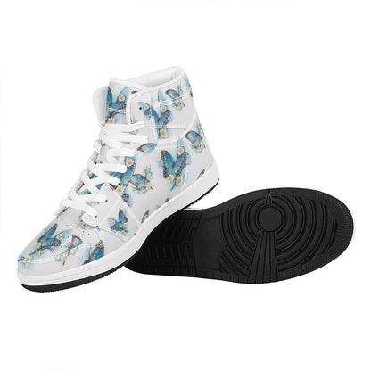 Blossom Blue Butterfly Pattern Print High Top Leather Sneakers