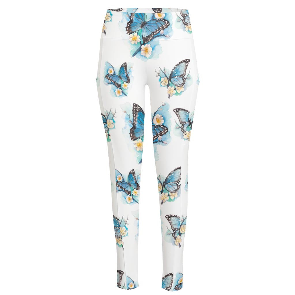 Blossom Blue Butterfly Pattern Print High-Waisted Pocket Leggings