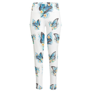 Blossom Blue Butterfly Pattern Print High-Waisted Pocket Leggings