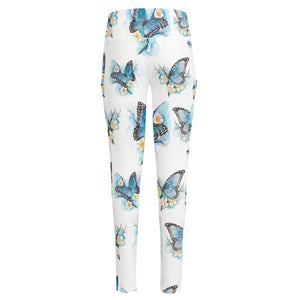 Blossom Blue Butterfly Pattern Print High-Waisted Pocket Leggings