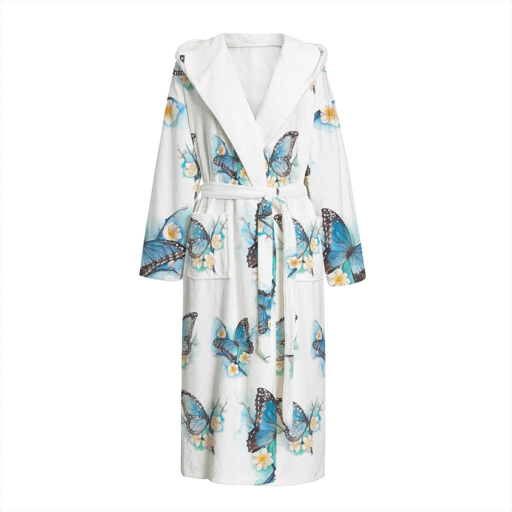 Blossom Blue Butterfly Pattern Print Hooded Bathrobe