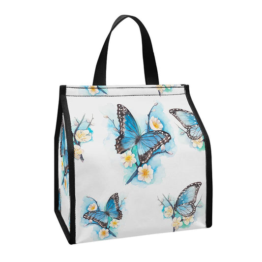 Blossom Blue Butterfly Pattern Print Insulated Lunch Tote