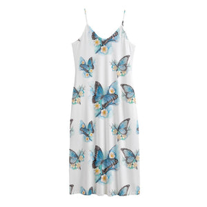 Blossom Blue Butterfly Pattern Print Jersey Midi Cami Dress